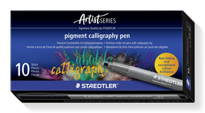 Staedtler Artist Series box of 10 pigment calligraphy pens 375-99 in intense black, printed 10 pieces, with calligraphy lettering art and a grey pen