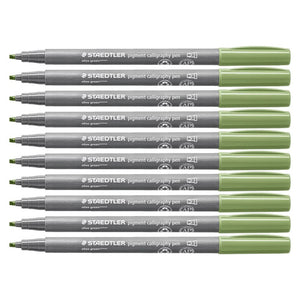 Row of ten Staedtler pigment calligraphy pens in olive green, grey barrels, muted green caps and chisel tips to the left
