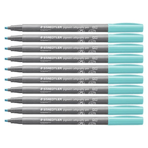 Ten turquoise Staedtler 375 calligraphy pens laid out side by side, grey barrels with turquoise caps and chisel tips facing left