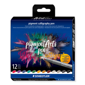 Staedtler Artist Series hanging box of 12 pigment calligraphy pens 375 C12, dark blue with an ink splash, a grey pen and twelve numbered swatches