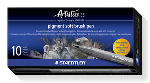 Staedtler Artist Series box of 10 pigment soft brush pens 372-99 in intense black, printed 10 pieces on the front, with a grey pen and the article number on the end