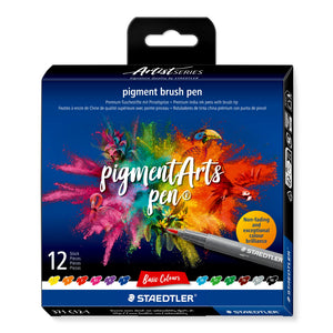 Staedtler Artist Series pigment brush pen box of 12 Basic Colours with a burst of coloured pigment, a toucan and a pen on the dark blue front and numbered colour swatches along the base