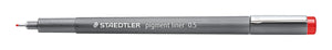 Staedtler pigment liner 0.5 with its red cap removed, grey barrel and long metal tip shown side on