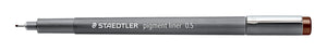 Brown Staedtler pigment liner 308 05-76 with the cap fitted on the back end, grey barrel marked pigment liner 0.5 and a brown end