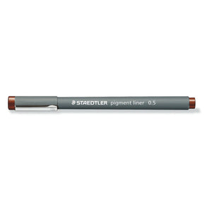 The brown Staedtler pigment liner 0.5 with cap on, grey barrel, silver clip and brown band