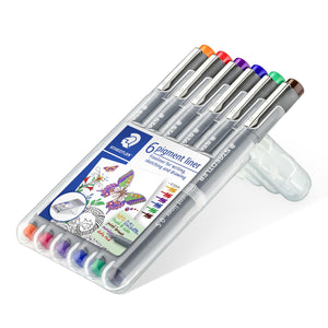 Staedtler 30805-SSB6 stand-up box opened and propped on its stand, six pigment liners with orange, red, violet, blue, green and brown ends