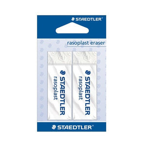 Staedtler rasoplast eraser card holding two white rasoplast erasers side by side under a clear blister, blue header and footer