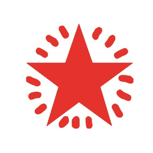Red Shiny twinkle star merit stamp print: a solid five-pointed star surrounded by a ring of short curved dashes like sparkles