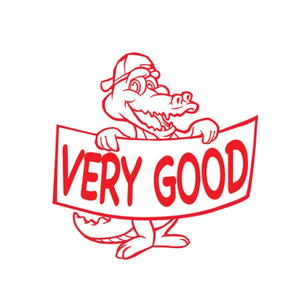 Red Shiny merit stamp print of a grinning cartoon crocodile wearing a cap and holding a curved banner that reads VERY GOOD