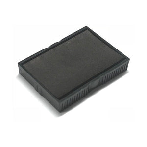 Shiny black replacement ink pad in a dark grey plastic tray, shown at an angle on a white background with the black felt surface facing up