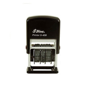 Shiny Printer S-400 self-inking date stamp in black and white, seen from the front with the Shiny logo, model name and the rubber date bands showing day, month and year