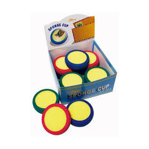 Shiny SPONGE CUP counter box holding red, blue and green sponge cups with yellow sponges, four more cups in front and an envelope with a stamp on the box art
