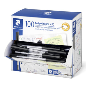 Staedtler dispenser box of 100 ballpoint pen 430 with the front flap folded open to show rows of black capped pens, smooth writing badge on the corner and M line mark on the base