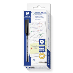 Staedtler hanging box of 10 ballpoint pen 430 with a black capped clear barrel pen down the front, hexagonal, signature and smooth writing badges and a M ~1.0 mm line mark