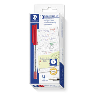 Staedtler hanging box of 10 ballpoint pen 430 with a red capped clear barrel pen down the front, hexagonal, signature and smooth writing badges and a M ~1.0 mm line mark