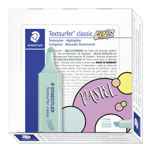 Staedtler Textsurfer classic COLORS box showing a mint highlighter on the front with pastel circle artwork