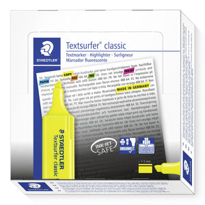 Staedtler Textsurfer classic box with a yellow highlighter on the front panel, INK JET SAFE and refill pictograms and approx. 1 to 5 mm swatch