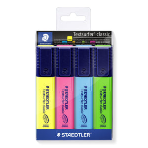 Staedtler Textsurfer classic wallet of 4 on a hanger card: yellow, pink, blue and green highlighters printed INK JET SAFE and MADE IN GERMANY
