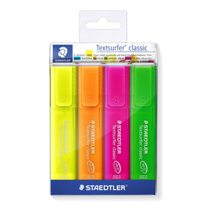 Staedtler Textsurfer classic rainbow colours wallet of 4 on a hanger card: translucent yellow, orange, pink and green highlighters