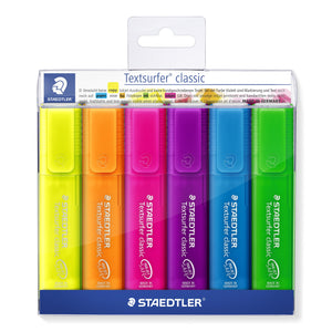 Staedtler Textsurfer classic rainbow colours wallet of 6 on a hanger card: yellow, orange, pink, violet, blue and green pens with tinted caps