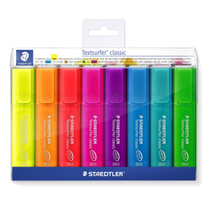 Staedtler Textsurfer classic rainbow colours wallet of 8 on a hanger card, translucent pens from yellow through red, violet and turquoise to green