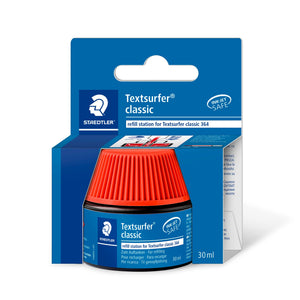 Staedtler Textsurfer classic refill station 488 64-2 on its blue hang card, red ribbed cap, 30 ml printed on the card and the pot