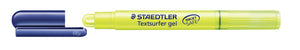 Staedtler Textsurfer gel 264-1 with the dark blue cap off, yellow wax lead twisted up, INKJET SAFE printed on the yellow barrel