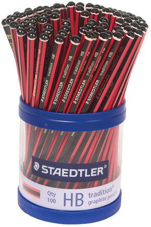 Clear Staedtler cup with a blue band printed Qty 100 HB tradition graphite pencils, filled with red and black pencils