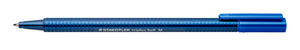 Staedtler triplus ball 437 M blue ballpoint lying flat, blue cap posted on the back end, metal tip exposed on the left of the dotted barrel