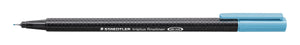 Staedtler triplus fineliner 334-34 with the aqua blue cap posted, dark speckled triangular barrel printed STAEDTLER triplus fineliner DRY SAFE
