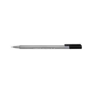 Black Staedtler triplus fineliner uncapped with the cap on the end, earlier silver-grey barrel