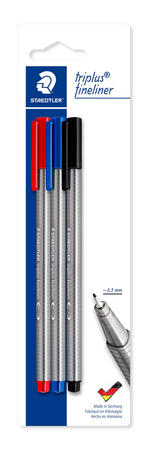 Staedtler triplus fineliner blistercard 334-S BK3 with red, blue and black pens, a tip close-up and Made in Germany printed on the card