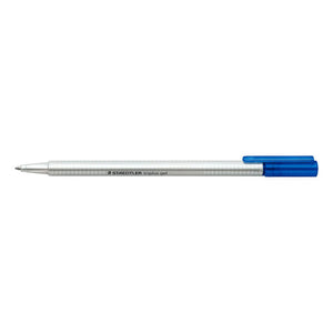 Blue triplus gel pen from Staedtler, silver three-sided barrel with STAEDTLER triplus gel print and a blue cap and clip, side view