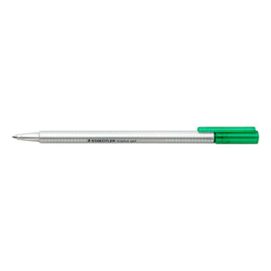 Green capped Staedtler triplus gel pen, silver triangular barrel printed with the STAEDTLER logo, green clip and green end cap
