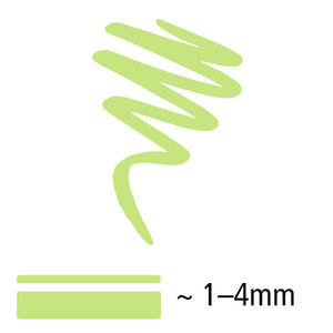 Lime green scribble and line sample labelled approx. 1-4 mm, drawn with the triplus Textsurfer
