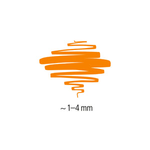Orange scribble and swatch from the triplus Textsurfer 362-4, labelled approx. 1 to 4 mm line width