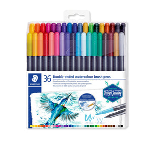 Staedtler wallet of 36 double-ended watercolour brush pens showing two rows of coloured caps in the window and a kingfisher watercolour with a 36 colour strip on the card