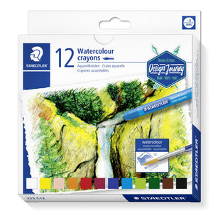 Staedtler box of 12 watercolour crayons 223, a crayon waterfall landscape on the front, Design Journey badge and a strip of colour swatches along the bottom