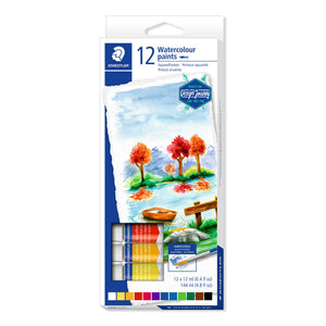 Staedtler 8880 watercolour paints box of 12, a lake and boat painting on the front, a window showing tubes and the print 12 x 12 ml, 144 ml