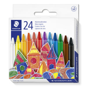 Staedtler wax crayons box of 24, window box with 24 crayons standing in a row over a colourful house drawing