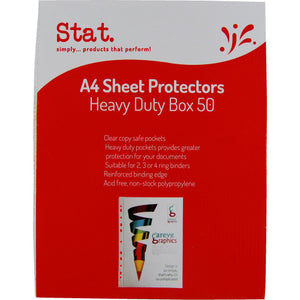 Stat A4 clear heavy duty 70 micron sheet protectors, box of 50, with reinforced 11-hole punched binding edge