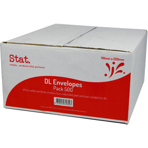 Stat DL window face peel-and-seal envelopes in white, box of 500, 110x220mm with internal security pattern