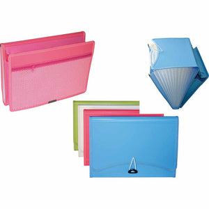 Stat. A4 expanding file with 13 pockets and side pocket, shown in pink and blue polypropylene