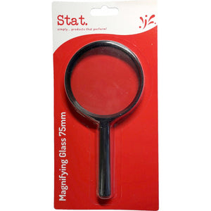 Stat 75mm bifocal handheld magnifying glass with long handle and black scratch-resistant plastic frame