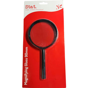 Stat 90mm bifocal handheld magnifying glass with long handle in black scratch-resistant plastic