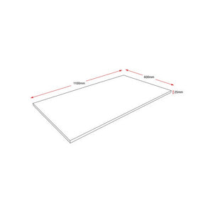 Rapidline rectangle table top 1100 x 600mm line drawing with red dimension arrows marking the main measurements and the 25mm thickness