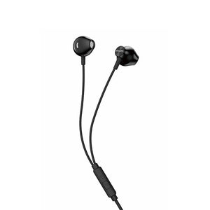 Philips TAUE101BK/00 black wired earbuds with the in-line mic on the cable, full length view