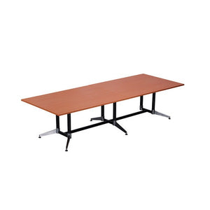 Rapidline Typhoon meeting table product shot with a Cherry top on a black powdercoat frame with polished aluminium feet, white background
