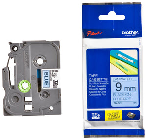 Brother TZe Tape 9mm Black on Blue TZE521