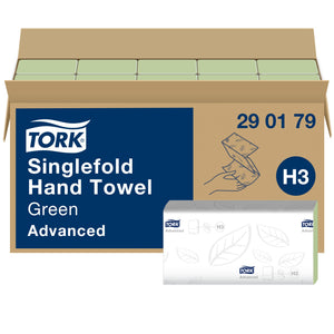 Tork Singlefold Hand Towel 290179 open carton, navy panel reading Green Advanced with an H3 badge, showing green folded towel bundles and a white leaf embossed bundle wrapper